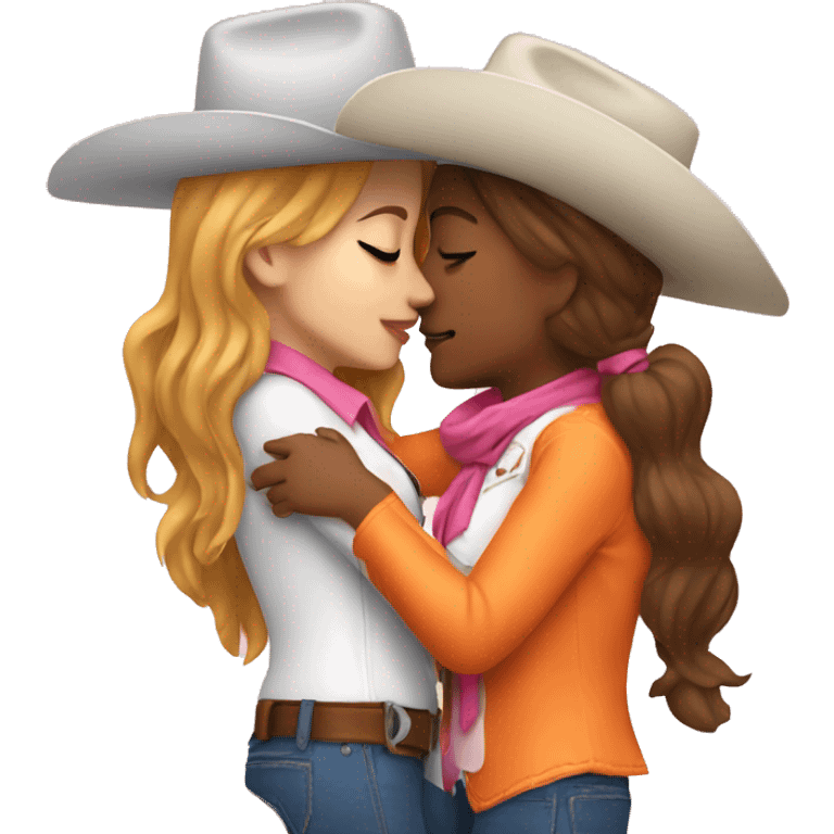 Women, cowgirl, kissing another cowgirl in orange and white and pink emoji