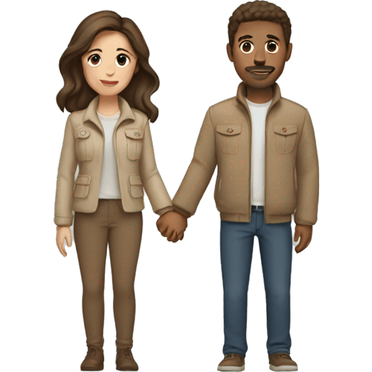 Couple with brown hair and beige jackets and brown pants holding hands emoji