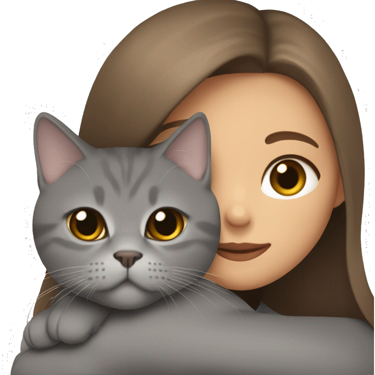 small British shorthair grey cat hugging long brown hair white woman emoji