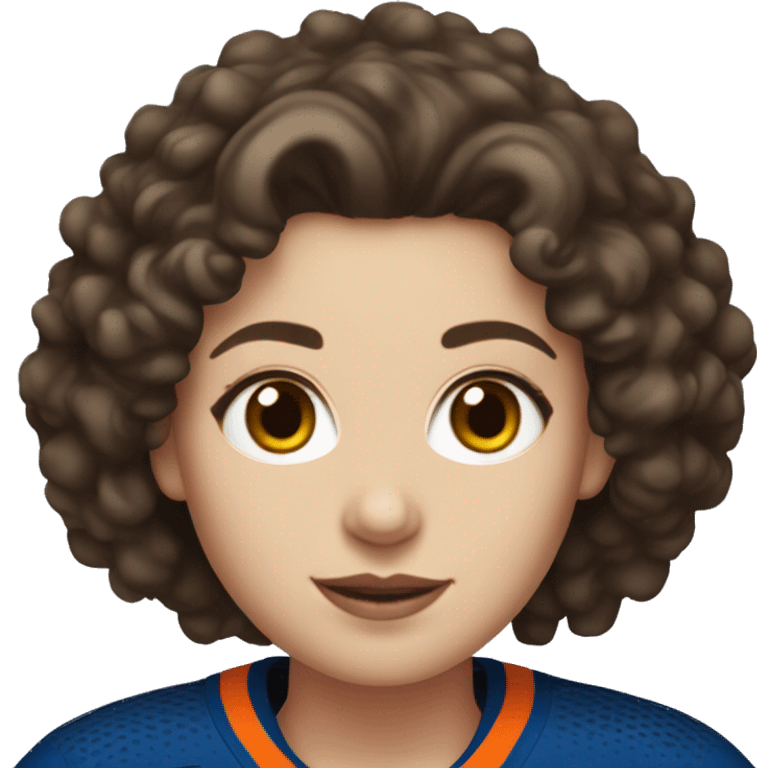 white woman with dark brown curly hair wearing an Edmonton oilers jersey emoji