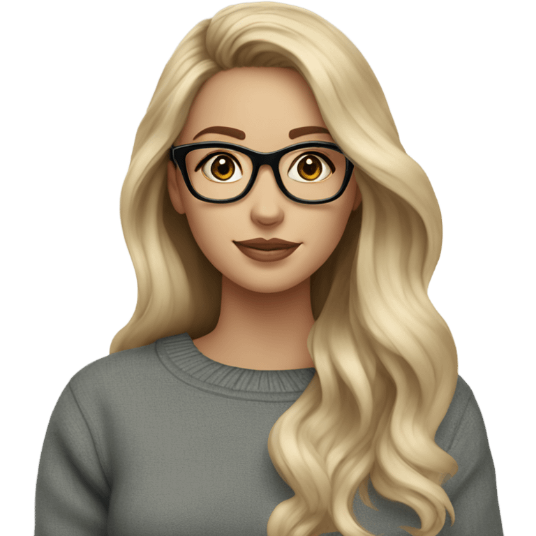 Blonde balayage long hair women blue eyes  beige sweater wearing black glasses  emoji