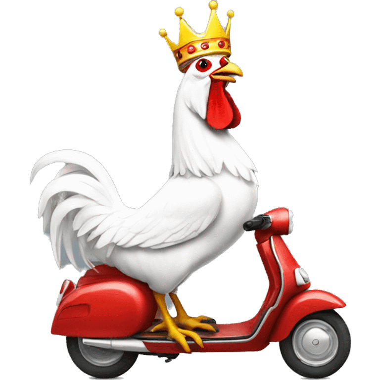 howling a white rooster with a crown on its head driving a scouter Vespa, realistic emoji