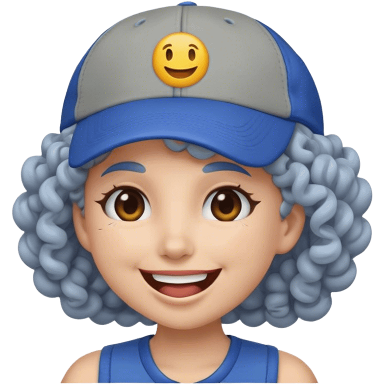 a female, yellow faced emoji, simple style, big smile, winking, blue ball cap on backwards, cartoon, curly grey hair emoji