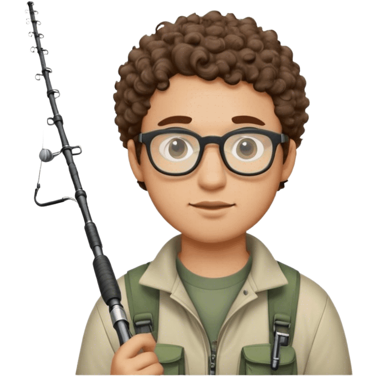 A young adult man with short curly brown hair, closely trimmed sides, round glasses, light beard, wearing fishing gear and holding a fishing rod. emoji