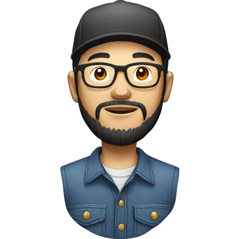 An Asian man with a beard and glasses, wearing overalls over a button-up shirt and a dark cap with a red letter "M" design emoji