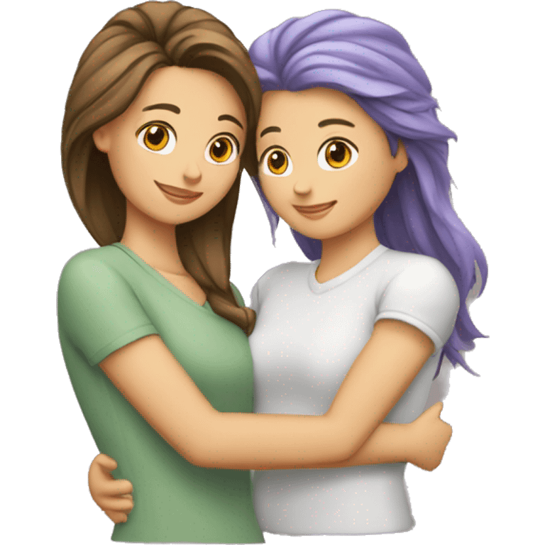 Dos amigas unidas en un abrazo. Una con pelo largo y claro y la otra con el pelo corto y canoso  emoji