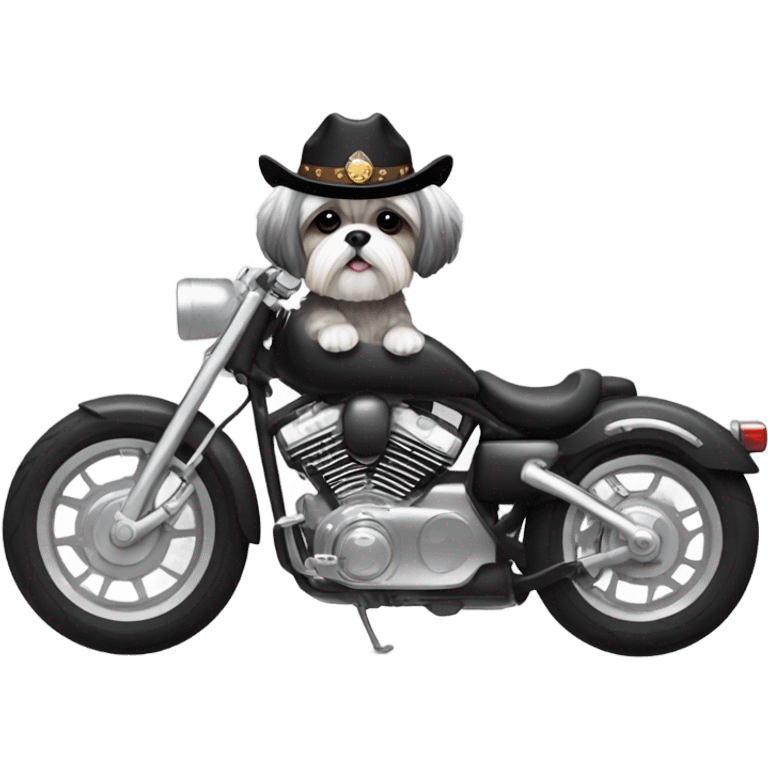 Gray white Shih tzu wearing bock cowboy hat on black motorcycle emoji