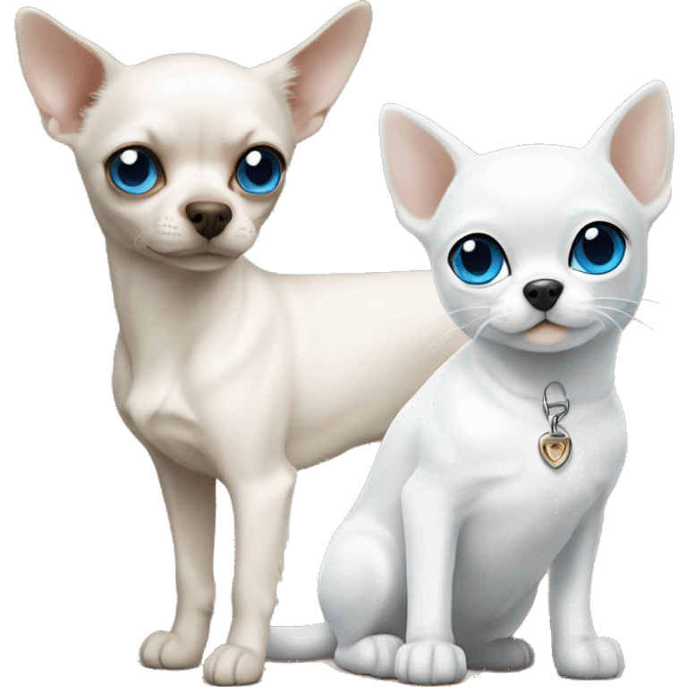 white cat blue eyes standing next to tan chihuahua with dark eyes  emoji