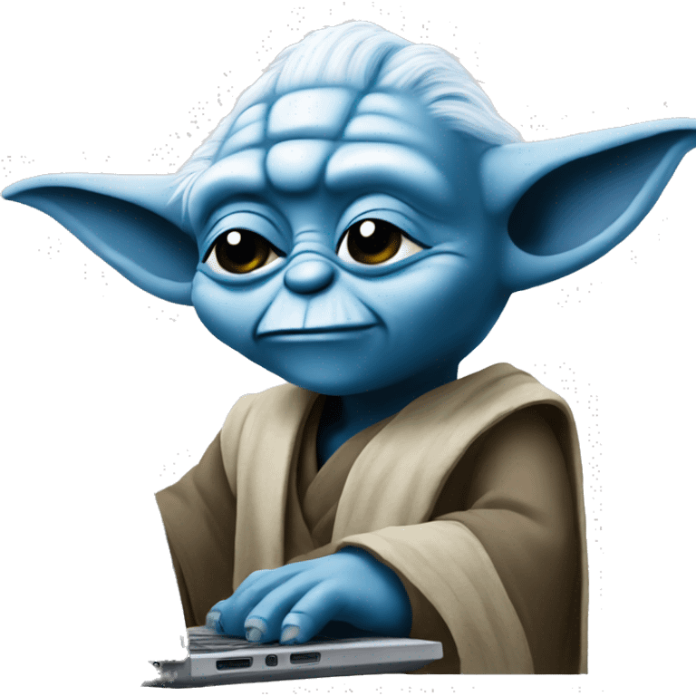 Blue yoda sitting happy at laptop working emoji