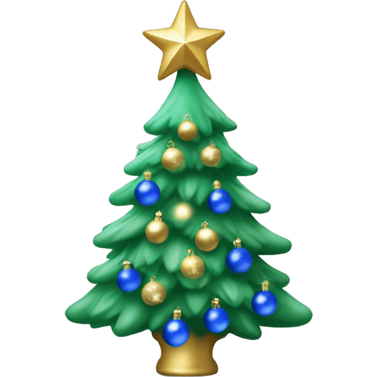 Green Frosted Christmas tree with blue bulbs & white bulbs with gold star on top emoji