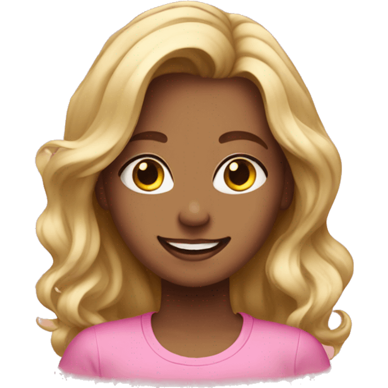 Girl with blonde balayage smiling with pink shirt emoji