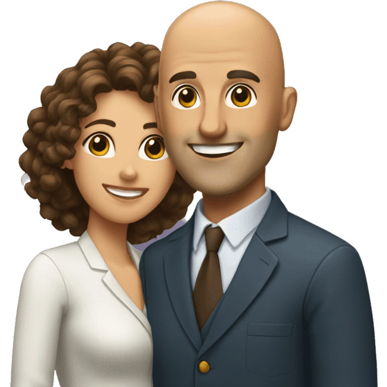 bald man without glasses and a shorter woman with dark brow curly hair, both smiling and waving hi. Show only uptil shoulders emoji