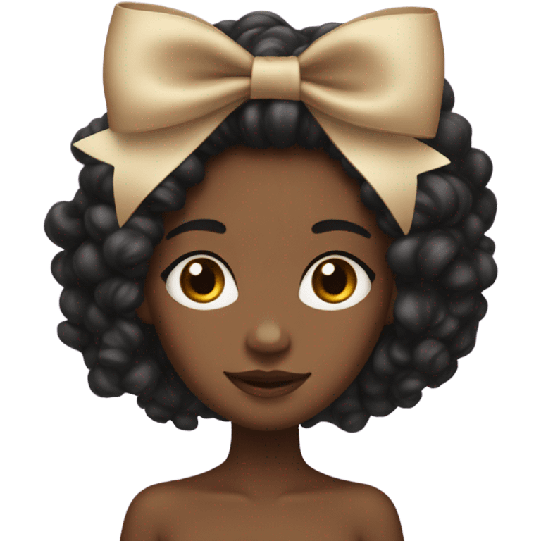 A brown skin girl with long curly black hair at the shoulders with a coquette bow emoji