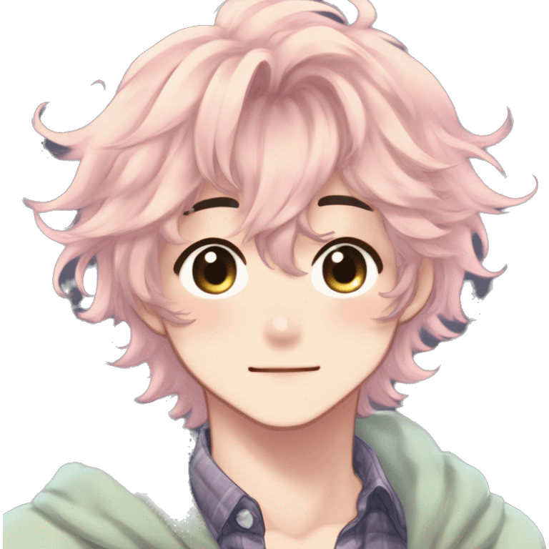 Gorgeous romantic hot attractive anime style modern anime shojo guy with pretty medium-long messy hair and colorful eyes and blushing face aesthetic trending style  pastelcore cottagecore kawaiicore emoji