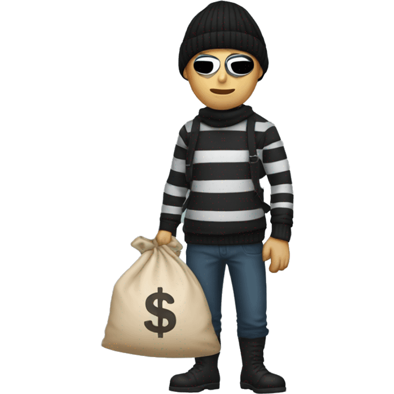 Thief wearing mask, striped shirt and black beanie, holding a sack of money behind his back. Just the top part emoji