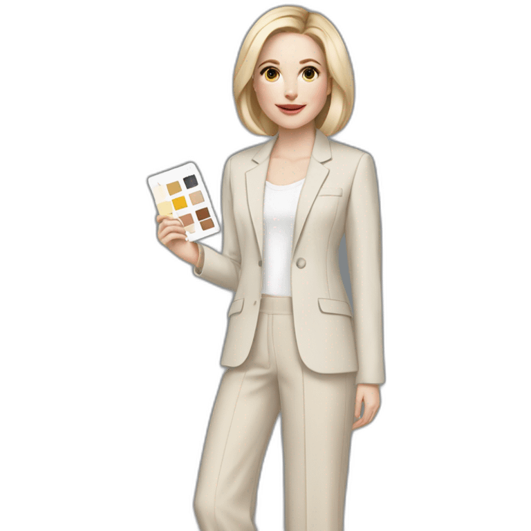 pale skin woman with ash blonde Straightened bob Hair, White Spacious classical jacket, beige palazzo Arrow pants and gray blouse holding a color palette in the hands emoji