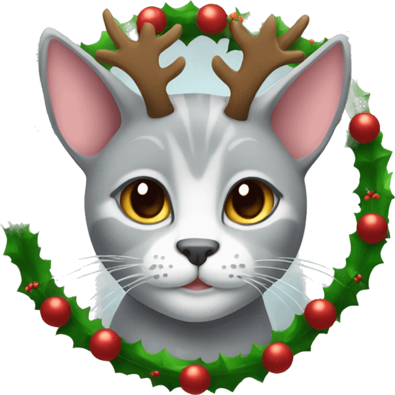 a light gray cat with small ears wearing a Christmas wreath of reindeer antlers emoji