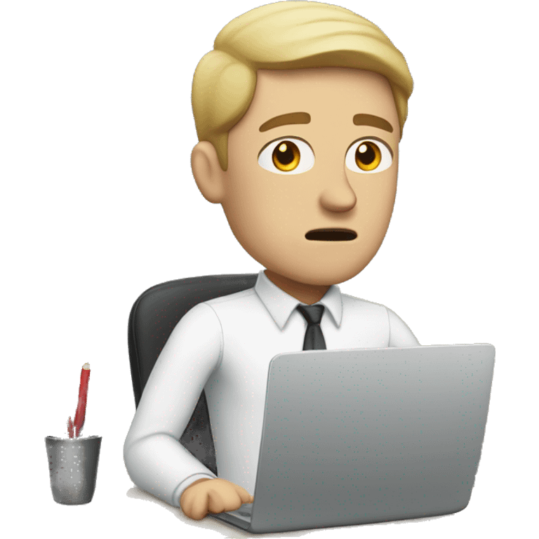 white man sitting at desk, working at computer looking frustrated emoji