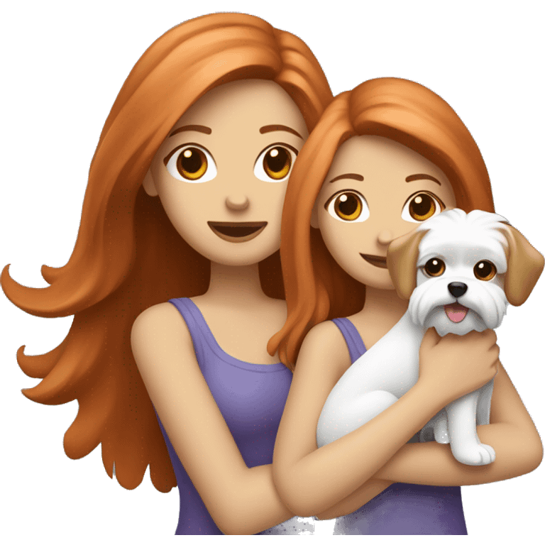 two girls, one brunette and the other blonde, are holding a red-haired maltese dog emoji