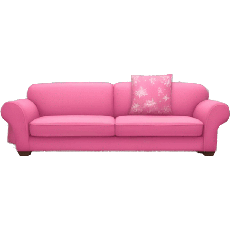 living room with pink christmas decorations and a sofa and a tv emoji