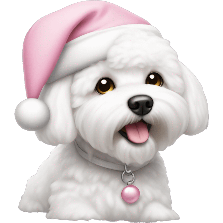 bichon frise with a light pink santa hat emoji