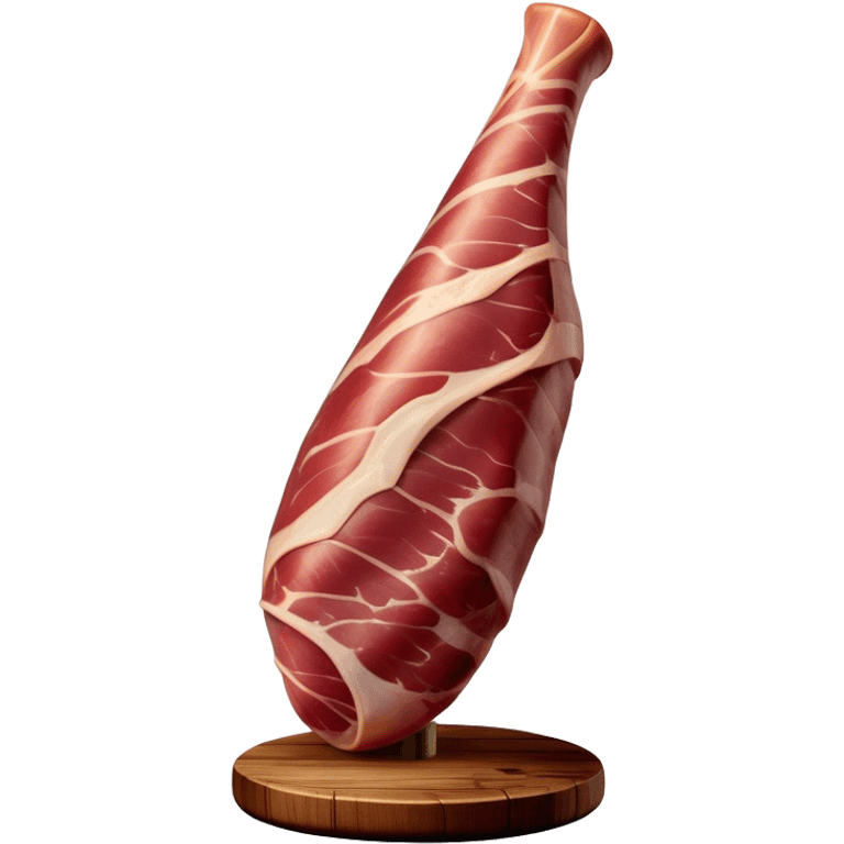 ​Cinematic Realistic Spanish Jamón Leg, depicted as a massive, cured leg of Jamón serrano with a deep reddish-brown hue, intricately marbled and slightly glossy with age, elegantly displayed on a rustic wooden stand and bathed in warm, soft lighting that accentuates its artisanal heritage, emoji