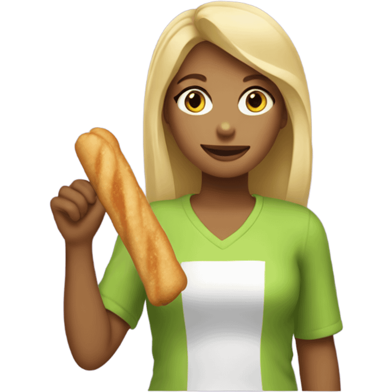 Blonde girl wearing lime green shirt holding a churro in her hand emoji