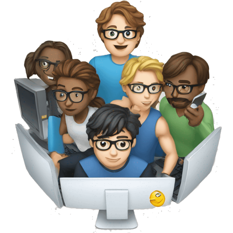 five geeks working together with a computer emoji