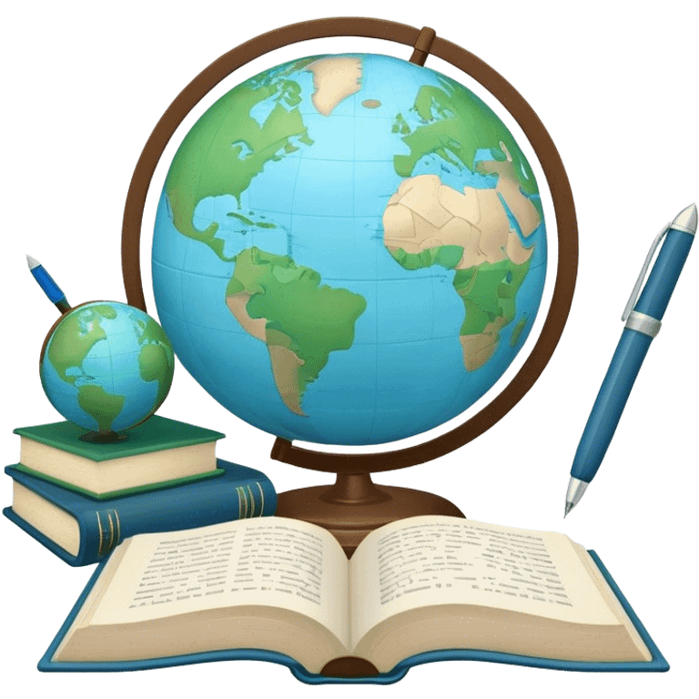 Create an emoji representing language translation. The design should feature a single globe in the background, symbolizing international communication. In front of the globe, place two opened books, with texts in it and a pen nearby to indicate the act of writing. Use a clean and professional color palette with blues, greens, and neutral tones. Do not include any emojis or smiley faces. Make the background transparent emoji