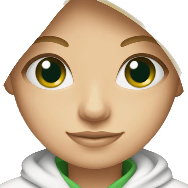 Blond Girl with Green eyes wearing a cozy white planket and a pink Cup of Team emoji