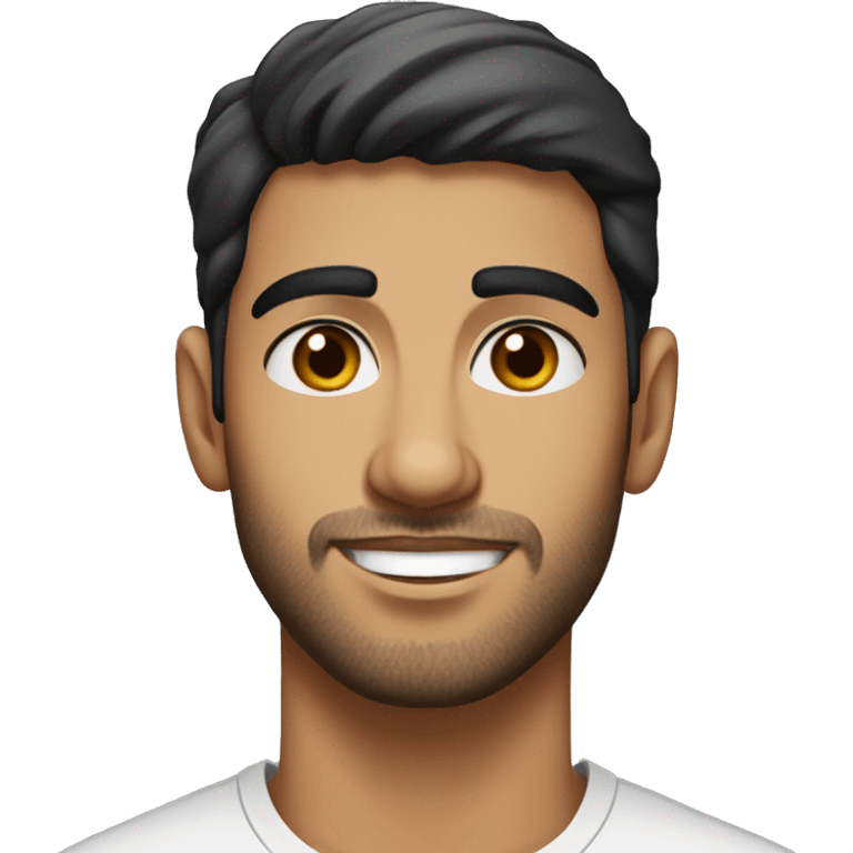 A head and shoulders shot of a 22 year old Arab man, with short black hair, with stubble facial hair,   with brown eyes wearing a t-shirt. emoji