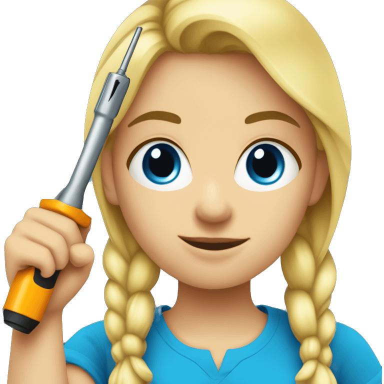 young blonde Female wearing a bright blue shirt holding a screwdriver in hand emoji