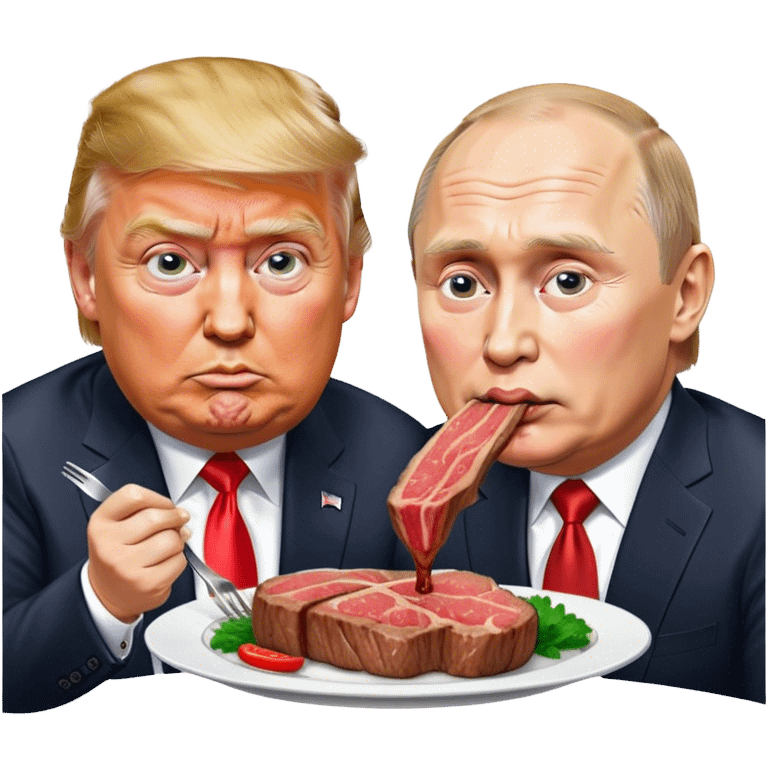 photorealistic Donald Trump and Putin eating a steak shaped like an piece of land emoji