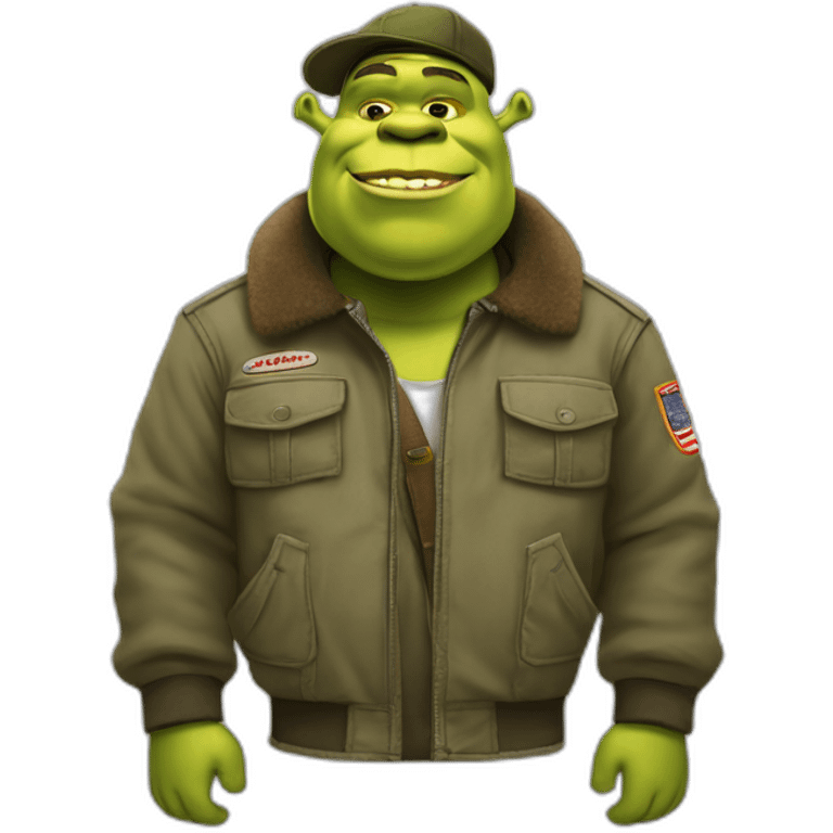 Shrek in cargo pants, bomber jacket and hat emoji