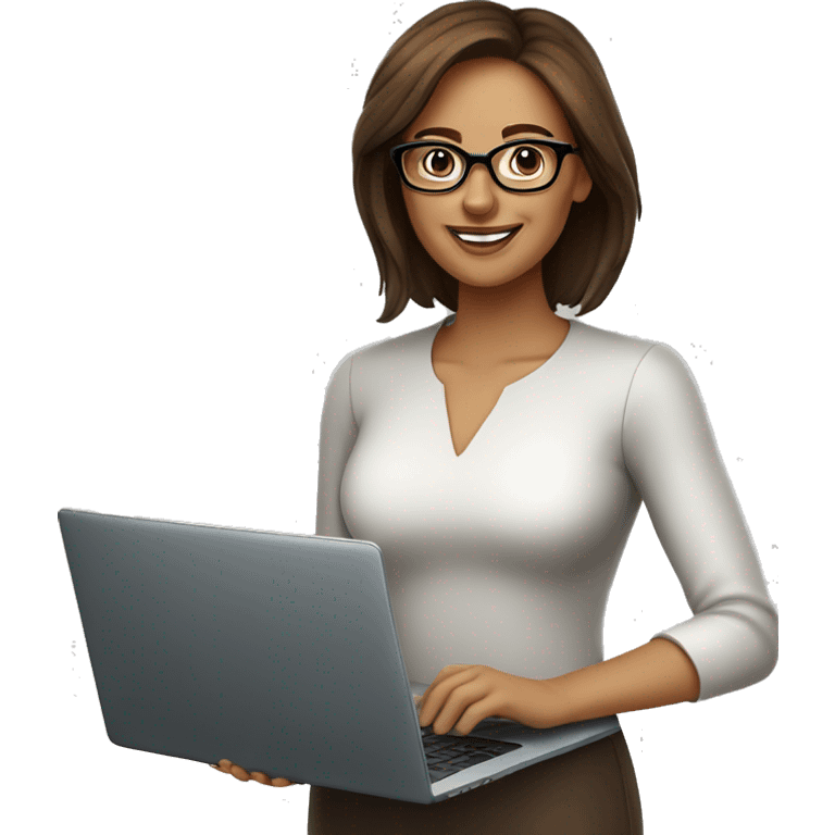 beautiful women with brown hair, glasses and laptop, boss lady, smiling and friendly emoji