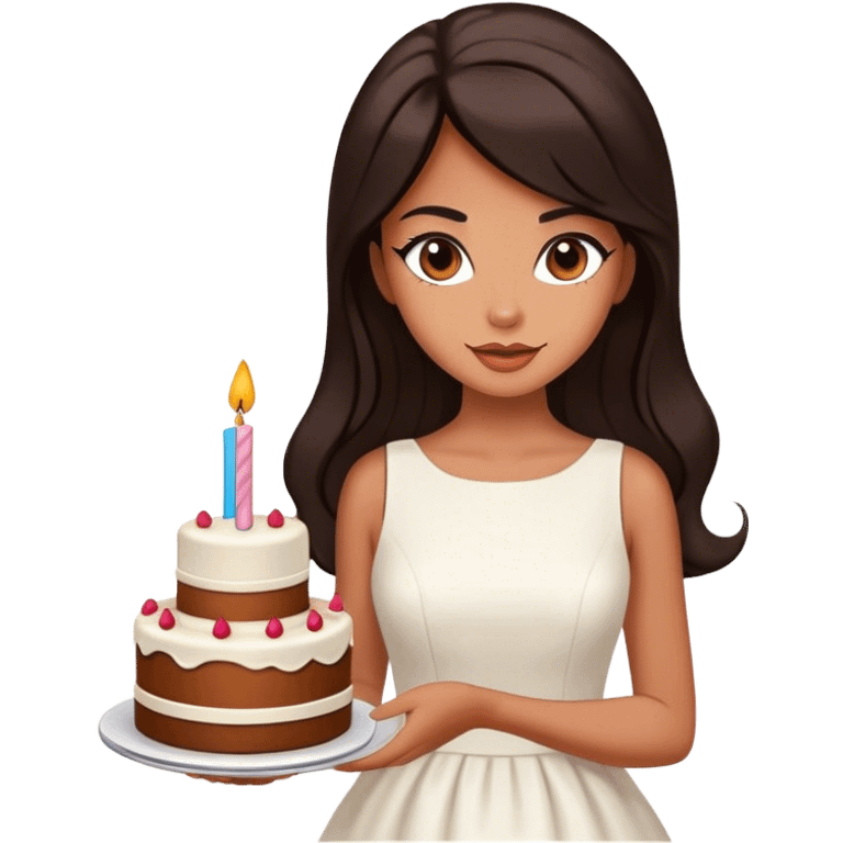 Beautiful woman in 1965’s woman fashion look, white dress, long dark brown hair, birthday cake emoji