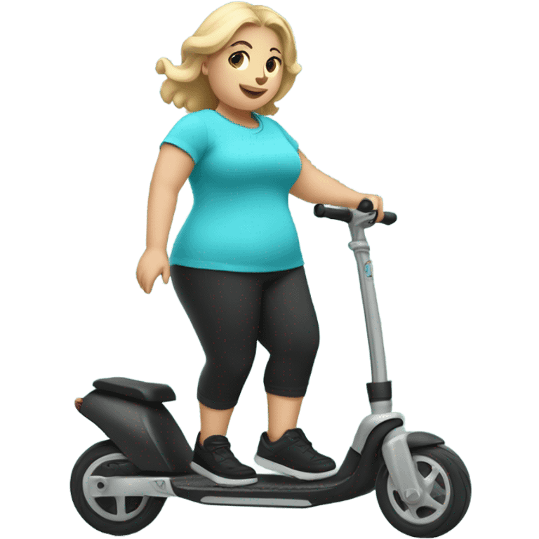 Chubby blonde girl in a cyan shirt with black slide sandals, white socks and black footwear riding a kick scooter emoji