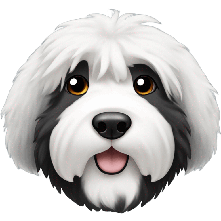 Old English sheepdog with a half and half face like a black (left) and white (right) cookie emoji