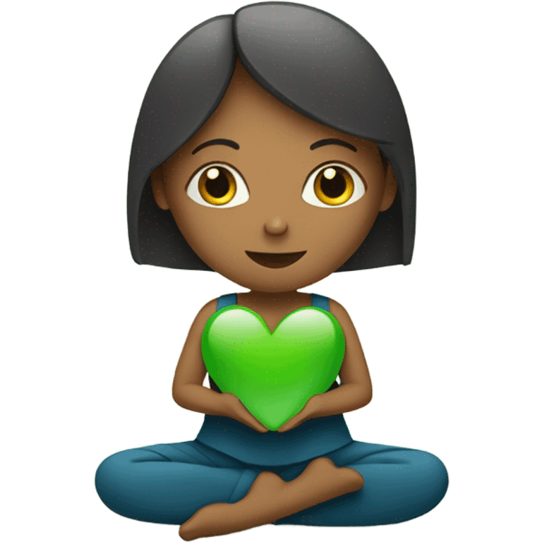 Woman in Lotus position holding green heart emoji