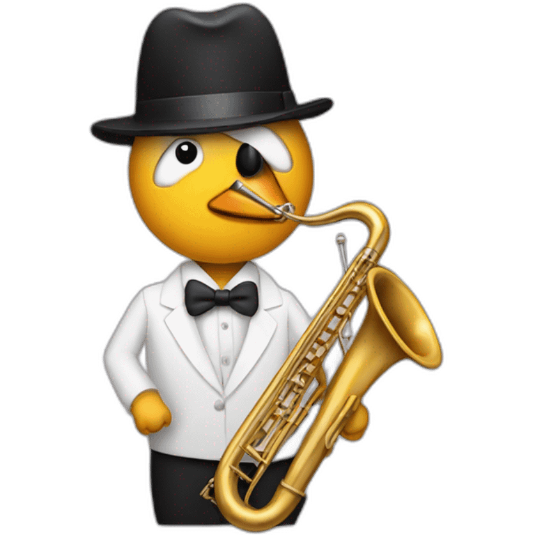 a jazz musician with a penguin head plaing the trombone emoji