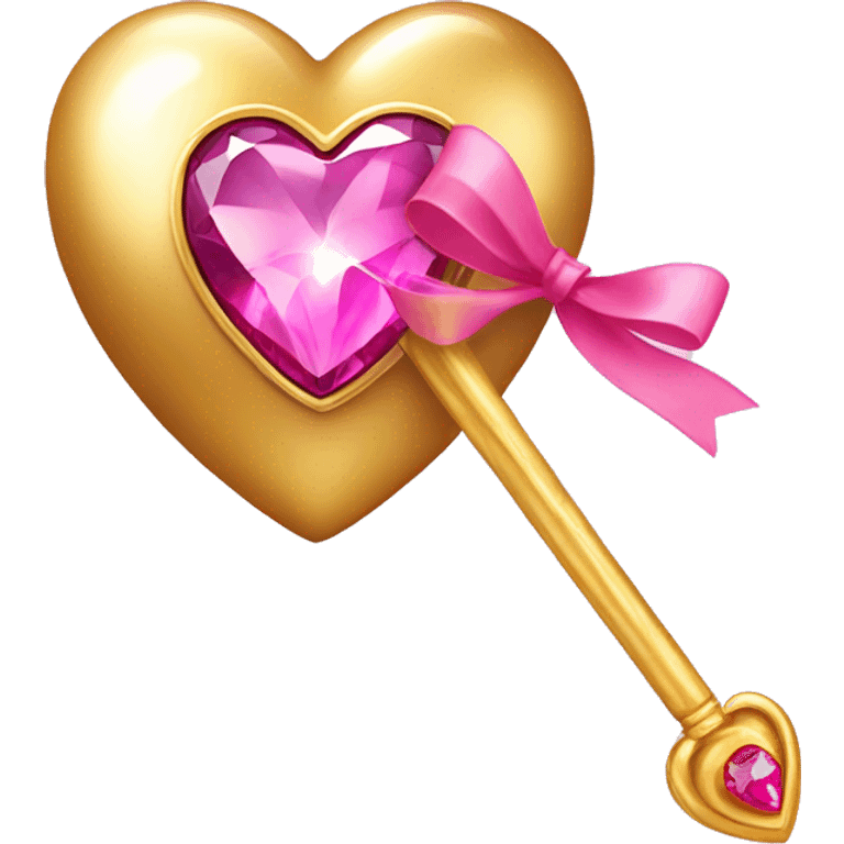 gold heart with pink gemstone and ribbon magic wand  emoji