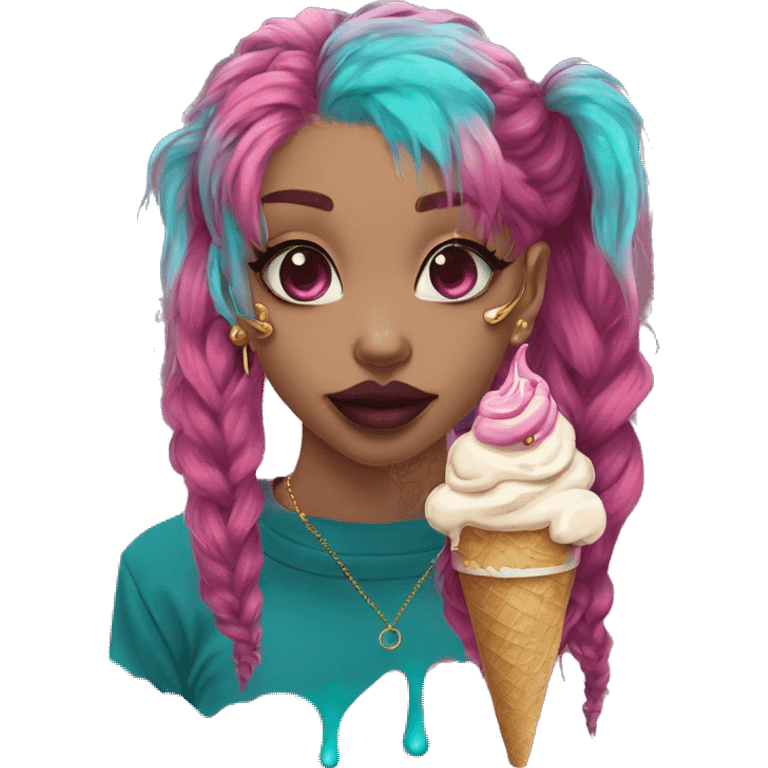 Vintage grunge patina intricate swirls golden sparkle Deep pink maroon burgundy cyan dark hoodie person dyed hair and gold piercings nose piercing ear piercings ice cream  emoji