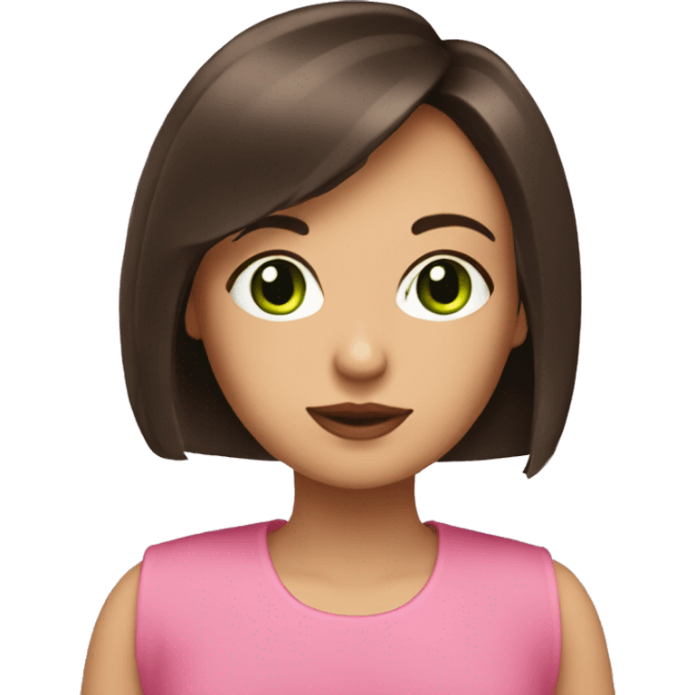 brunette with bob haircut with green eyes with pink book emoji