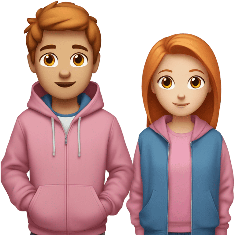 Boy with straight brown hair and brown eyes in a hoodie and girl with ginger hair blue eyes freckles and a pink hoodi emoji