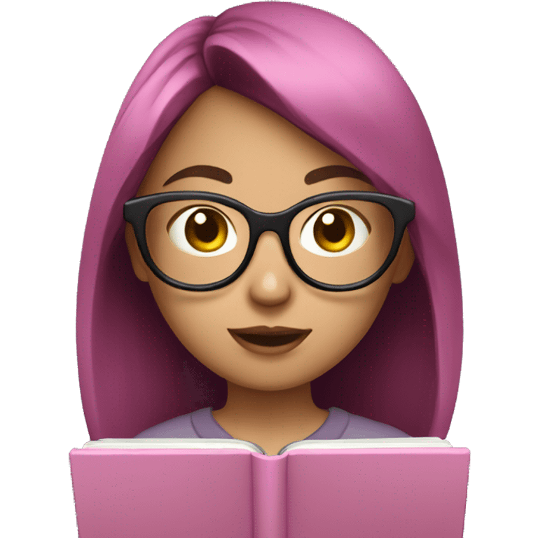 girl with glasses and dark hair reading on a pink tablet emoji