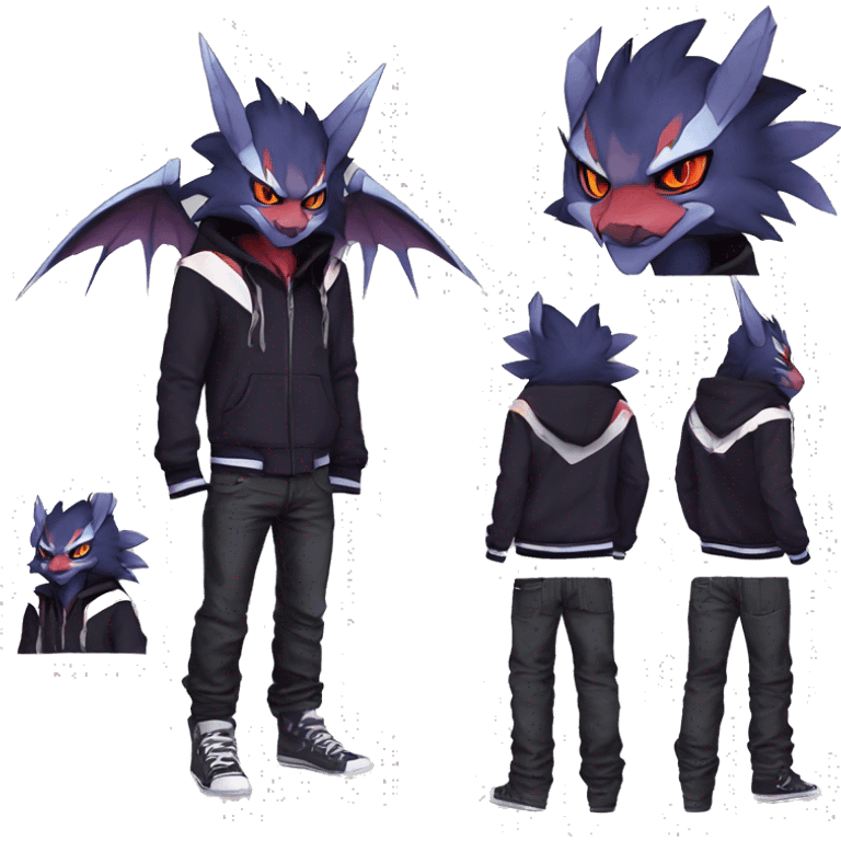 Cool Anthro Dark Absol-Noivern-Quilava-Litten-Pokémon with edgy stripes hoodie spiked collar punk Full Body emoji