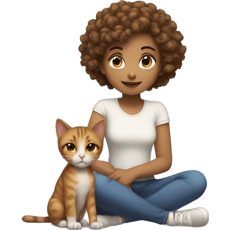 Girl with curly and short hair sit with cat emoji