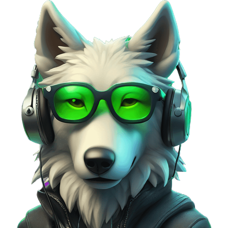 A beautiful cyberpunk Wolf on neon green lights around wearing sunglass and headphones emoji