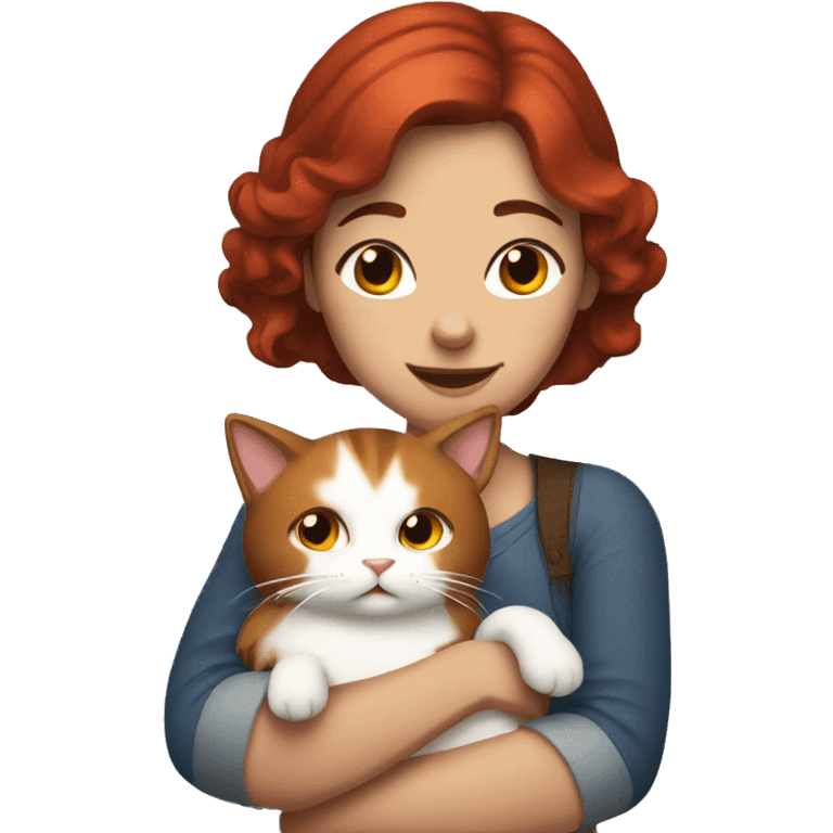 Woman with freckles and brown hair hugging Red and white cat  emoji