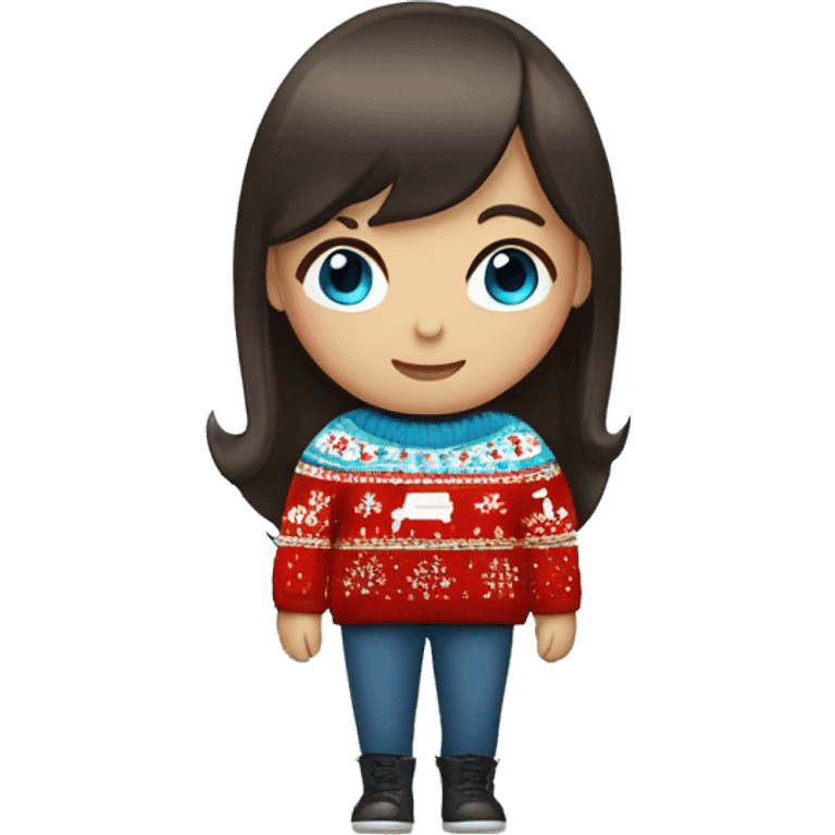 A girl with bangs of dark brown hair and blue eyes in a Christmas sweater emoji